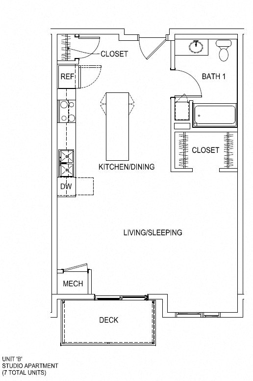 Floor plan for studio, 1 bath, 627 sqft